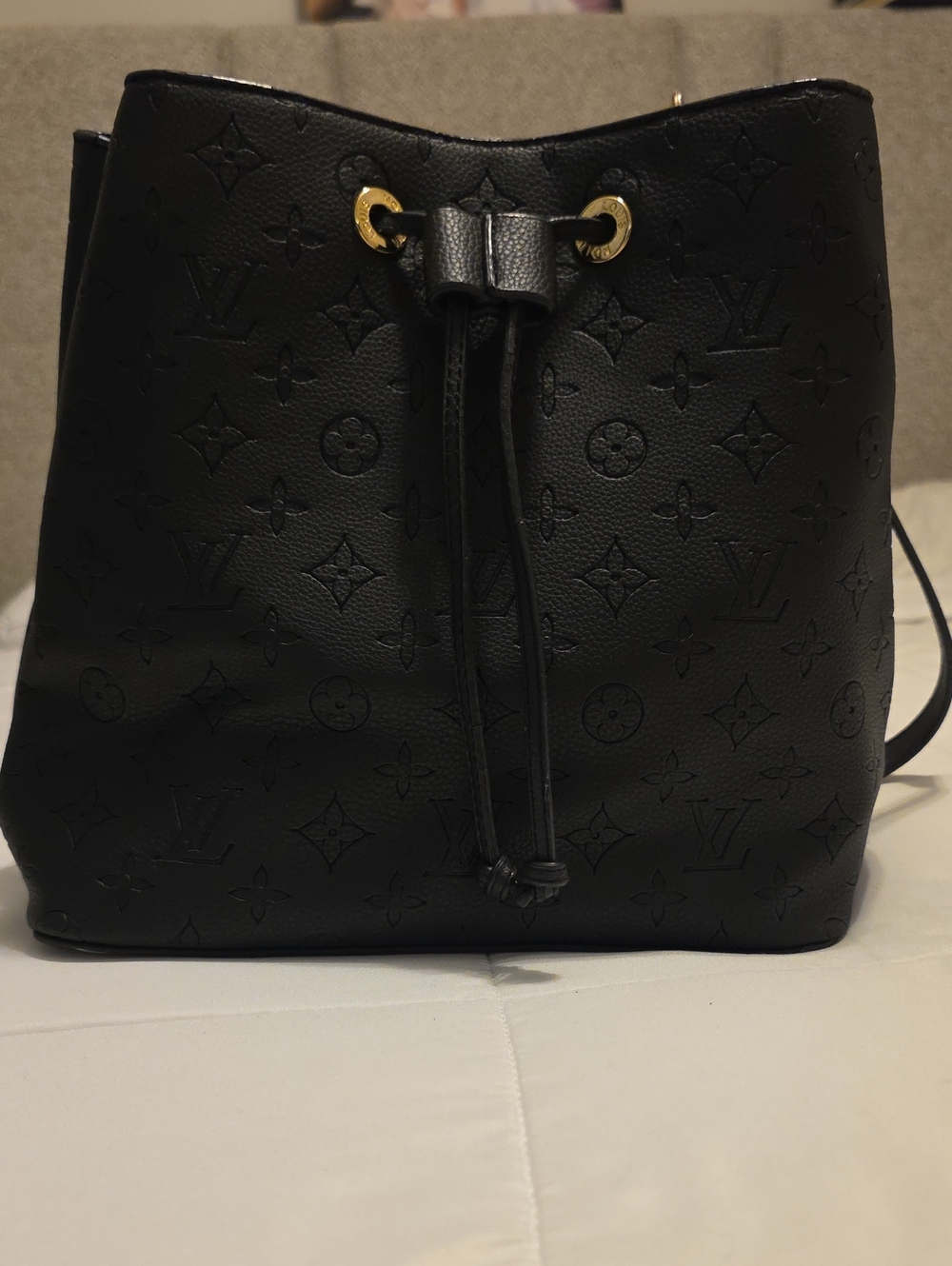 Unbranded  Black Embossed Monogram Drawstring Shoulder Bag